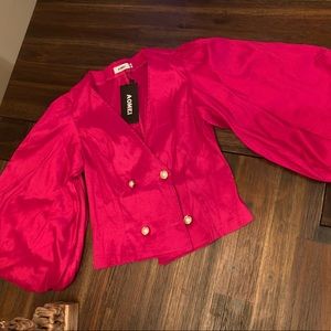 Fuchsia V-neck Blouse with balloon sleeves size M but fits like XS. New with Tag